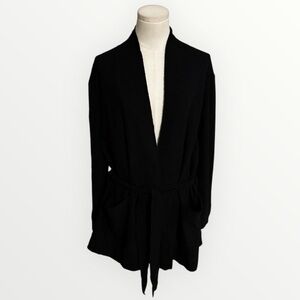 EILEEN FISHER Wool Black Open Front Long Cardigan Tie Belt Luxury Work Casual XL